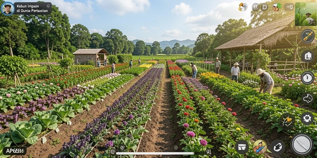 Screenshot AP686 menunjukkan pemain sedang mengelola kebun dengan berbagai tanaman.