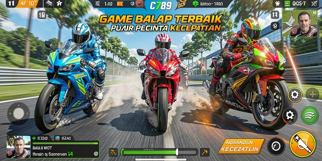 Tangkapan layar C789 menampilkan aksi balap motor yang mendebarkan.