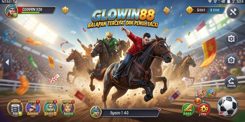 Screenshot GLOWIN88 menampilkan aksi balapan mendebarkan dengan mobil berkecepatan tinggi.