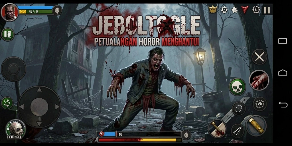 Screenshot gameplay JEBOLTOGEL menampilkan suasana horor yang mendalam.