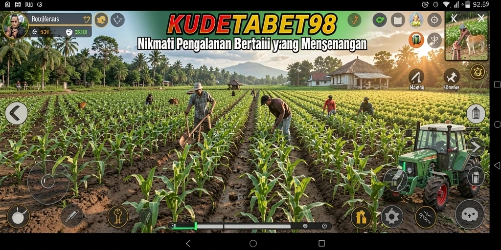 Tangkapan layar gameplay KUDETABET98 yang memperlihatkan pertanian yang subur.