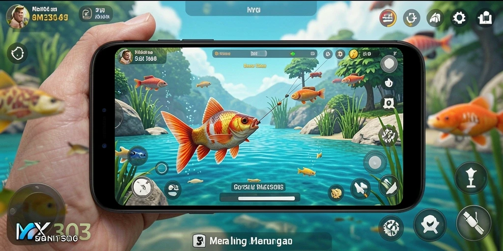 Screenshot gameplay NX303 menampilkan pemancing yang sedang menangkap ikan.