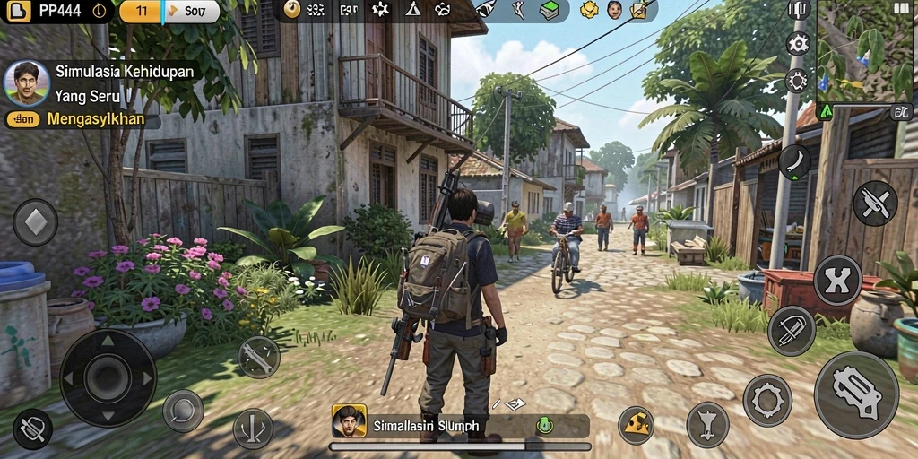 Screenshot gameplay PP444 menunjukkan interaksi karakter yang dinamis dan lingkungan yang hidup.
