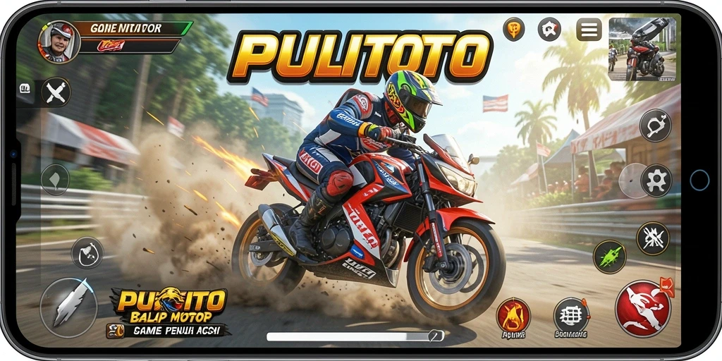 Screenshot PULITOTO menampilkan aksi balap motor yang seru di lintasan.