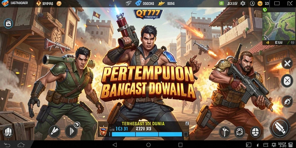 Tangkapan layar gameplay QT777 yang menunjukkan pertempuran seru di arena Battle Royale.