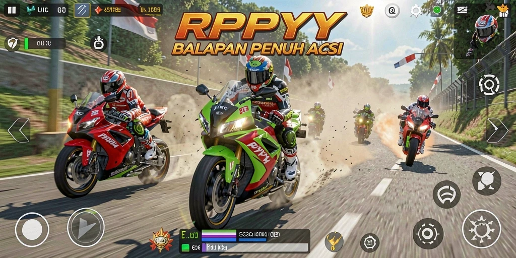 Tangkapan layar gameplay RPYYY yang menunjukkan aksi balapan motor.