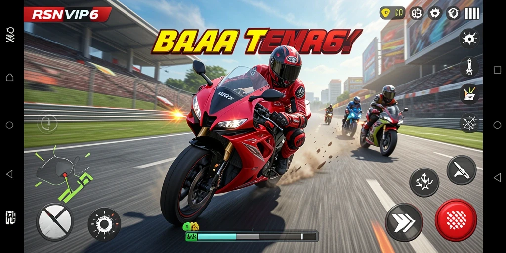 Tampilan gameplay RSNVIP6 menunjukkan balapan motor yang mendebarkan.